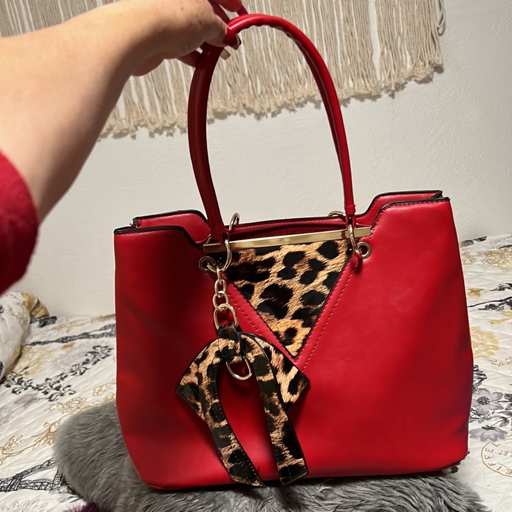 Big red and leopard print purse